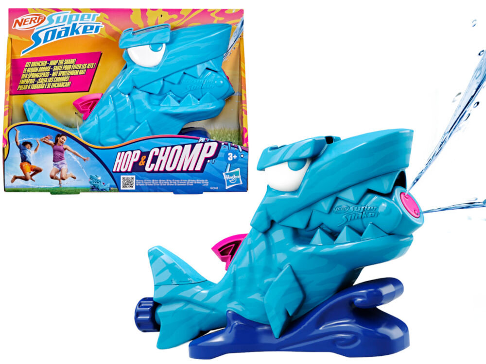 Wyrzutnia NERF Super Soaker Hop & Chomp G21485L0 Zraszacz ogrodowy Nerf Super Soaker Hop & Chomp obok oryginalnego opakowania na białym tle.