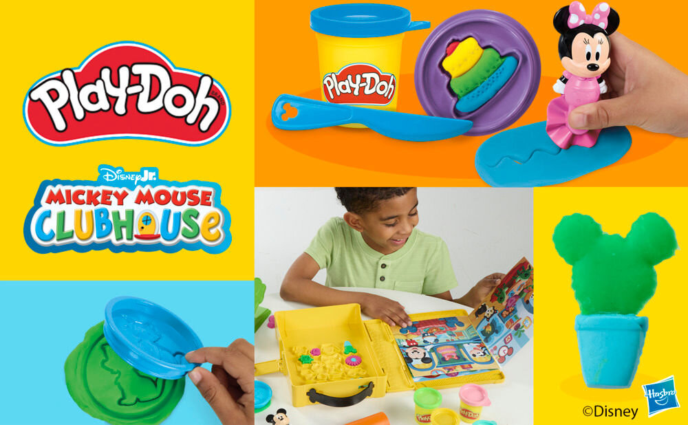Ciastolina PLAY-DOH Disney Myszka Miki Ciastolinowe Opowieści G23245L0 Kolaż zdjęć przedstawiający zestaw Play-Doh Mickey Mouse Clubhouse z kolorową ciastoliną, foremkami, figurkami Myszki Miki i Minnie oraz dzieckiem bawiącym się zestawem kreatywnym.