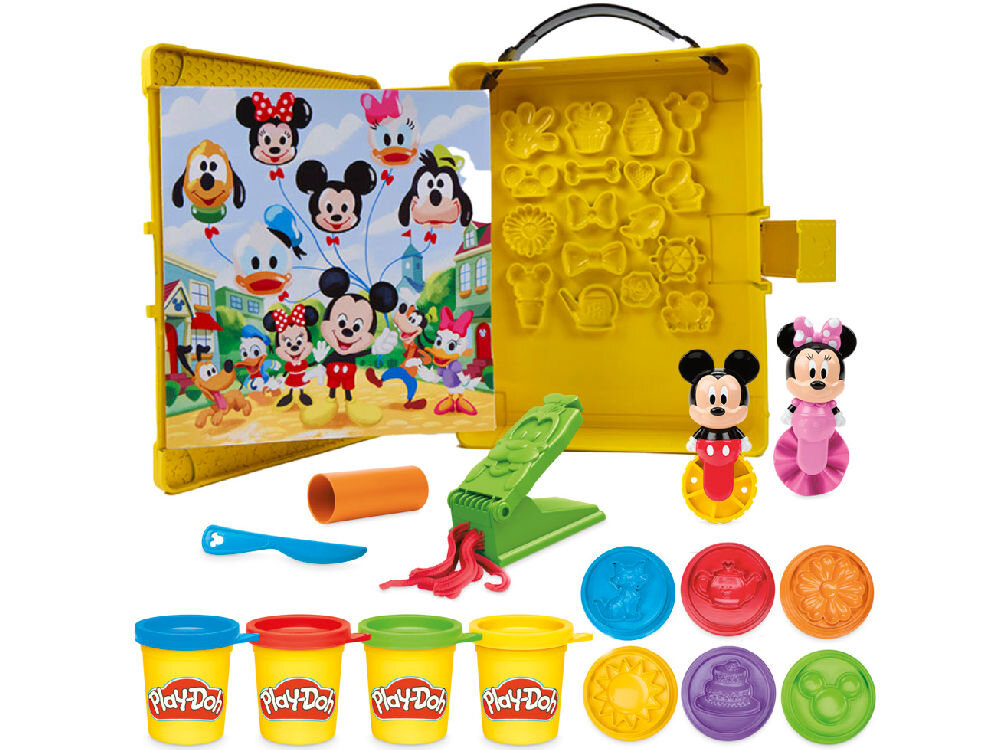 Ciastolina PLAY-DOH Disney Myszka Miki Ciastolinowe Opowieści G23245L0 Pełny zestaw Play-Doh Disney Mickey Mouse Clubhouse zawierający żółtą walizkę, 5 pojemników ciastoliny, figurki Miki i Minnie, wyciskarkę oraz liczne akcesoria i foremki.