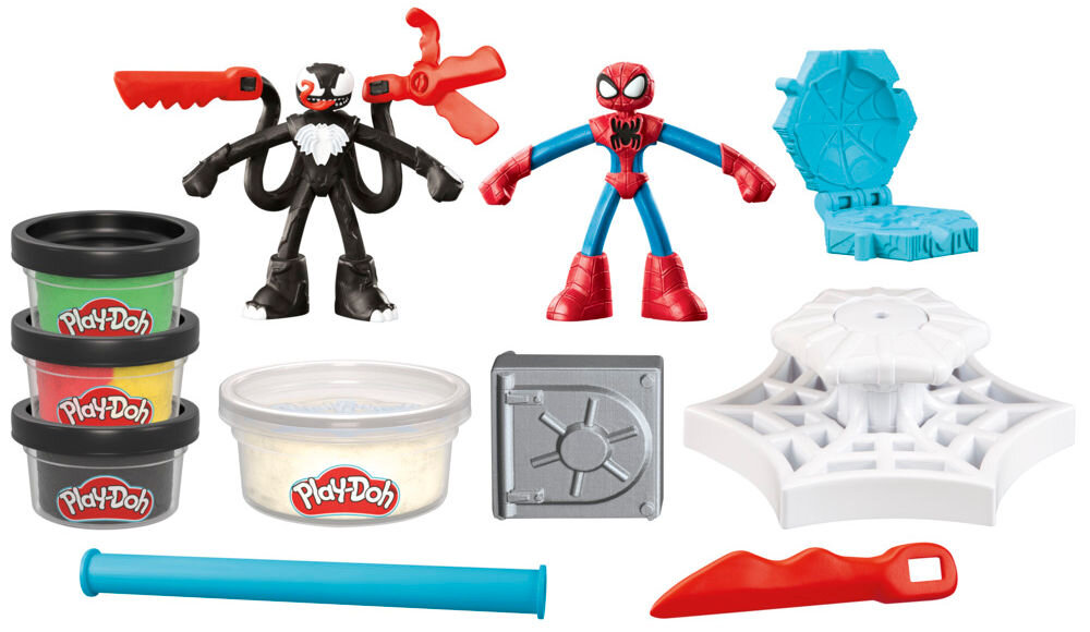 Ciastolina PLAY-DOH Marvel Spider-Man F98275L0 Pełna zawartość zestawu Play-Doh Disney Minnie Mouse: różowa walizeczka-przenośny warsztat, figurka Minnie, 3 tuby masy plastycznej, wałek w serca, wycinak w kształcie kokardy, forma do babeczek oraz łopatka.