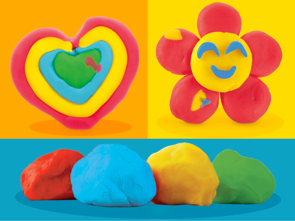 Ciastolina PLAY-DOH Zestaw startowy B11695L0 Kolorowa grafika przedstawiająca serce i kwiatek ulepione z ciastoliny Play-Doh na pomarańczowym i żółtym tle oraz cztery grudki masy w kolorach czerwonym, niebieskim, żółtym i zielonym.
