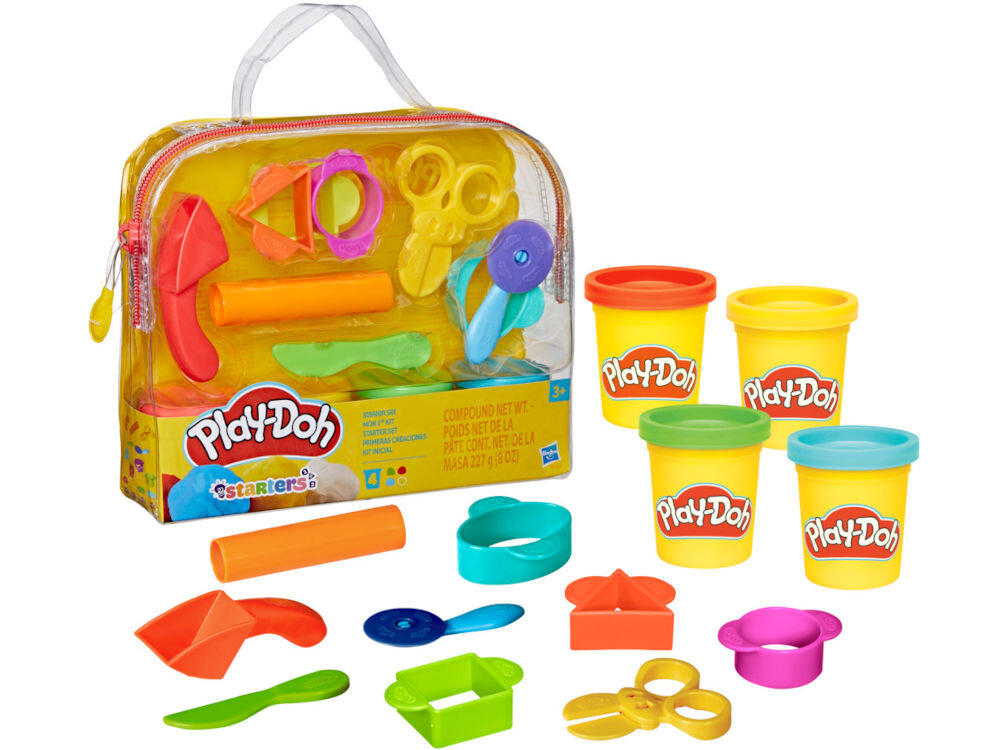 Ciastolina PLAY-DOH Zestaw startowy B11695L0 Zestaw Play-Doh Starters zawierający przezroczystą torbę do przechowywania, cztery tuby z masą plastyczną oraz liczne akcesoria: wałek, nożyczki, nożyk i foremki do wycinania kształtów.