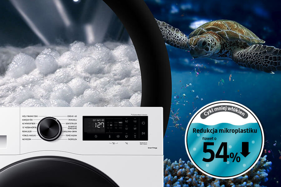 Program Mniej Włókien pralki EcoBubble AI Energy WW80CGC04DAE marki Samsung i żółw