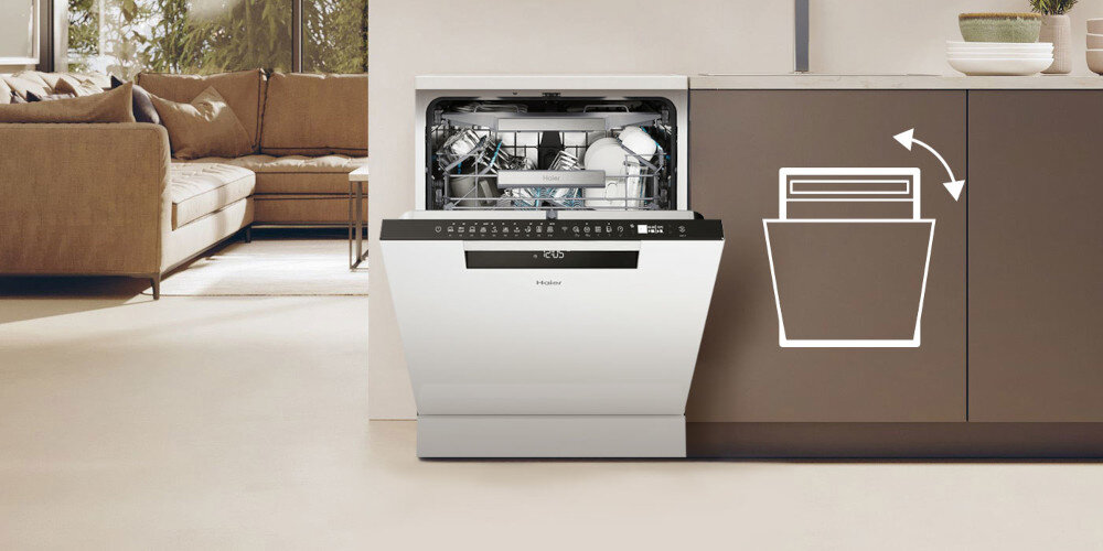ZMYWARKA HAIER I-PRO SHINE 5 XF 6B2M3PW AI SMART zdjęcie lifestyle ikona grafika uchylone drzwi salon sofa kuchnia meble Automatyczne otwieranie drzwi 