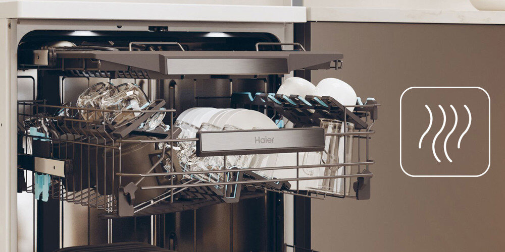 ZMYWARKA HAIER I-PRO SHINE 5 XF 6B2M3PW AI SMART zdjęcie lifestyle ikona grafika kosz załadunek naczynia Świetne rezultaty suszenia większa temperatura lepsze efekty suszenia bez smug kropli wody