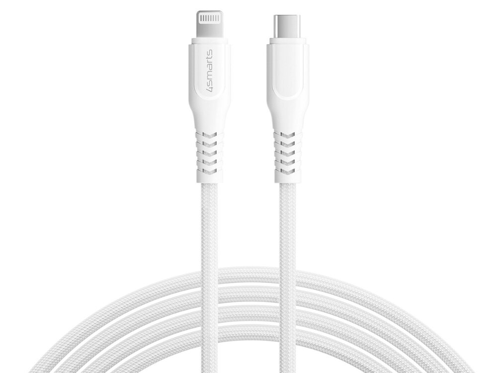 Kabel USB-C - Lightning 4SMARTS RapidCord PD Biały
                kabel na białym tle wzmocnienia nylonowy oplot solidna konstrukcja