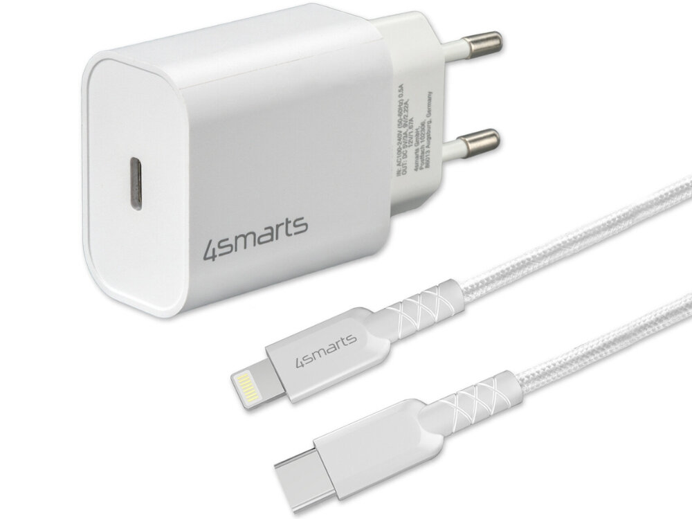 Ładowarka sieciowa 4SMARTS VoltPlug 20W + Kabel USB-C - Lightning Biały
                ładowarka i kabel na białym tle power delivery smartfony tablety