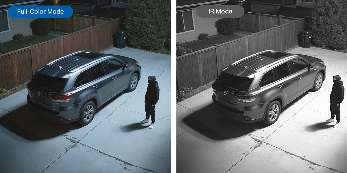 Kamera TP-LINK Tapo C630 Kit Zewnętrzna, Wi-Fi, Kamera obrotowa, noc, kolory, reflektory, podgląd, Porównanie trybu nocnego: kolorowy Full-Color oraz czarno-biały IR Mode na podjeździe.