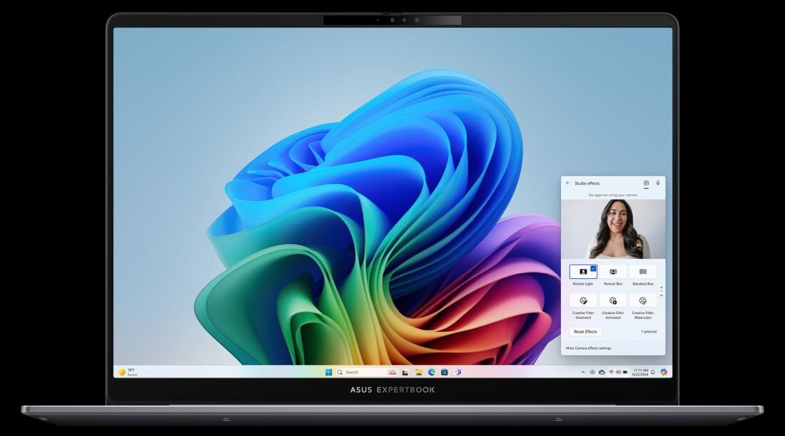 Laptop ExpertBook P5 P5405 z efektami Windows Studio – poprawione oświetlenie i tło w wideokonferencji
