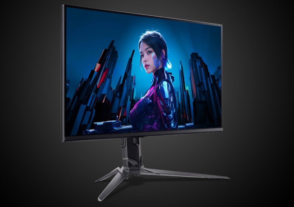 Monitor ACER Predator XB253QF Monitor gamingowy na ciemnym tle, na ekranie widoczna postać kobiety w futurystycznym stroju z neonowym oświetleniem i fantastycznym miastem w tle, opis