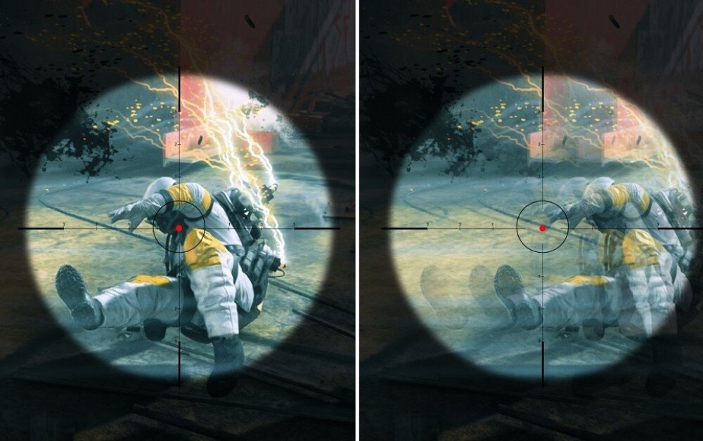 Monitor ACER Predator XB253QF Porównanie dwóch obrazów z gry przedstawiające celownik snajperski wymierzony w przeciwnika; lewa strona pokazuje wyraźny obraz, prawa rozmazany z efektem rozmycia ruchu, odświeżanie, płynność