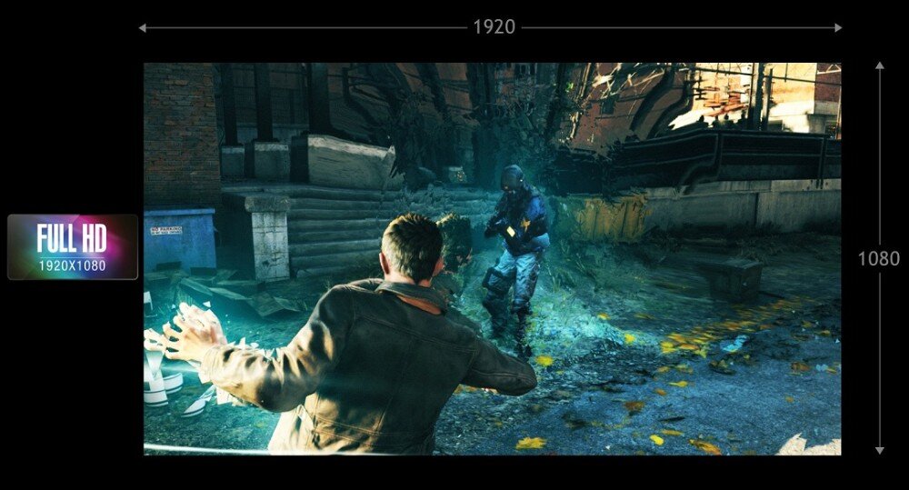 Monitor ACER Predator XB253QF Ekran z grą akcji w rozdzielczości Full HD, postać w grze unosi rękę, w tle przeciwnik w dynamicznej scenie walki, z zaznaczonymi wymiarami obrazu 1920 na 1080 pikseli, rozdzielczość, jakość