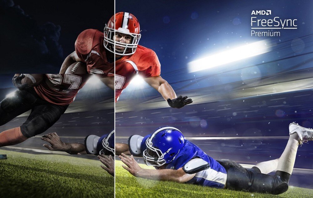 Monitor ACER Predator XB253QF Grafika przedstawiająca dwóch zawodników futbolu amerykańskiego w dynamicznej akcji, podzielona na dwie części: lewa strona rozmazana, prawa strona ostra z logo FreeSync Premium, synchronizacja, FreeSync
