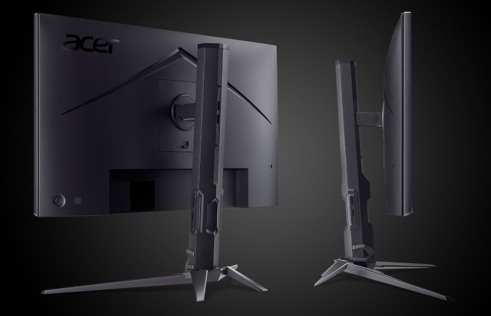 Monitor ACER Predator XB253QF Widok tylnej i bocznej części monitora na ciemnym tle, pokazujący konstrukcję podstawy oraz smukły profil ekranu, podstawa, regulacja