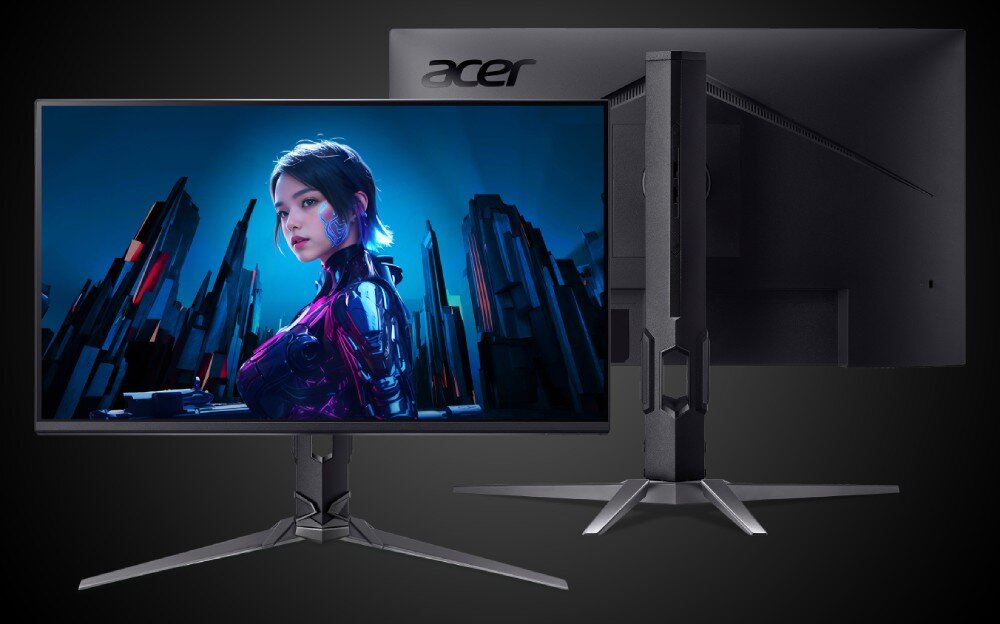 Monitor ACER Predator XB253QF Widok przedni i tylny monitora, ukazujący ekran z futurystyczną grafiką oraz detalami konstrukcji podstawy i tylnego panelu urządzenia, porty, głośniki