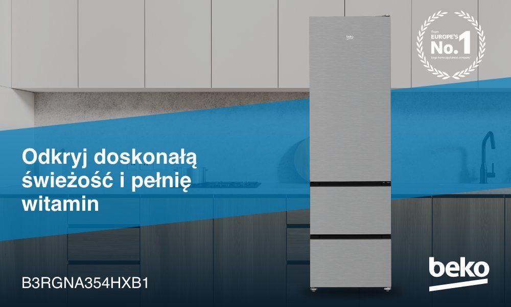 LODÓWKA BEKO B3RGNA354HXB1 wizualizacja lifestyle marka logo lodówka model kuchnia w tle front zamknięta