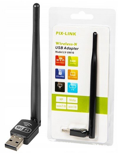 Na obrazie widoczny jest czarny adapter USB z anteną oraz jego opakowanie z napisem \'PIX-LINK Wireless-N USB Adapter Model: LV-UW10\'. Opakowanie zawiera ikony i teksty informujące o kompatybilności z systemami XP, Vista, win7, win10 oraz obsługiwanych standardach WiFi i WPA/WPA2.