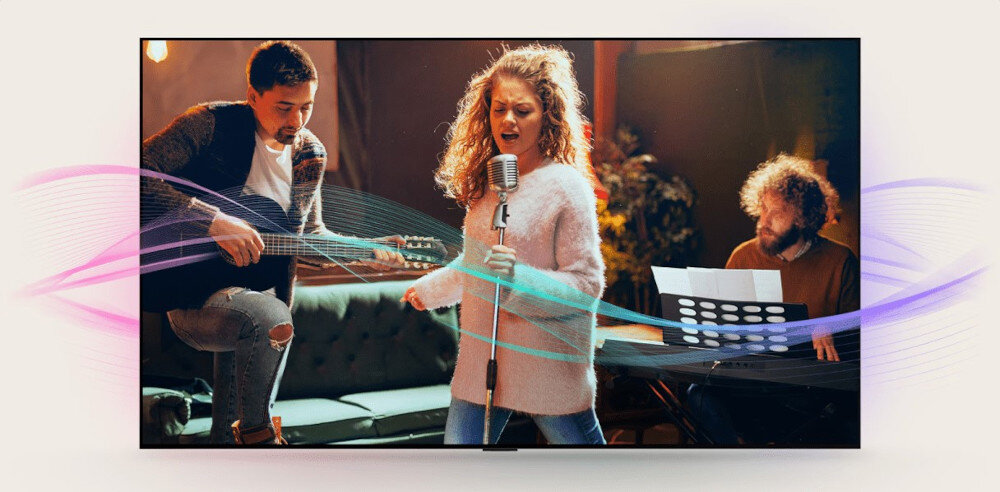 Telewizor LG 50UA75006LA UHD 4K α7 AI Gen8 AI Clear Sound klarowne dialogi i lepsze tony, telewizor na jasnym tle, kapela dająca koncert