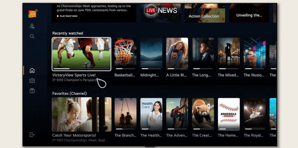 Telewizor LG 50UA75006LA UHD 4K α7 AI Gen8 LG Channels darmowe kanały i treści na żądanie bez abonamentu, telewizor na białym tle z włączonym menu platformy streamingowej