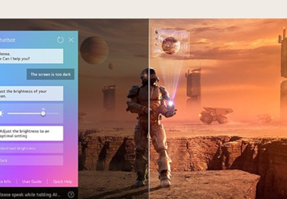 Telewizor LG 50UA75006LA UHD 4K α7 AI Gen8 AI Chatbot pomoc i szybkie wskazówki konfiguracji, telewizor z wyświetlonym obrazem astronauty na czerwonej planecie