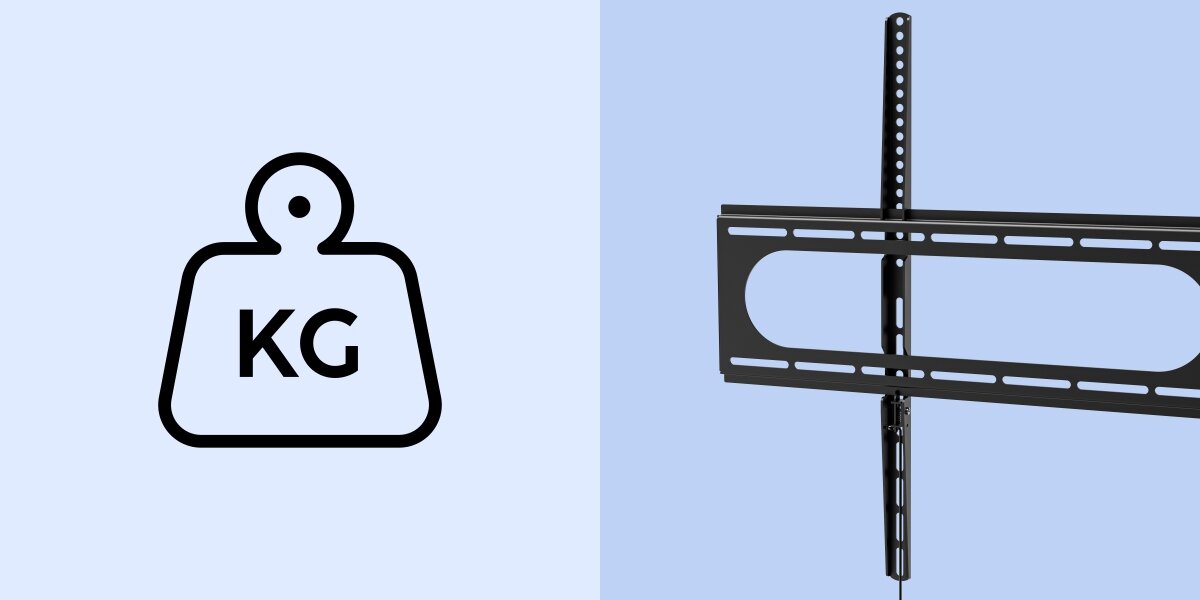 Ikona symbolizująca wagę (KG) (z lewej) oraz zbliżenie na czarną, stalową ramę uchwytu ściennego Hama FIX, podkreślającą wytrzymałość.