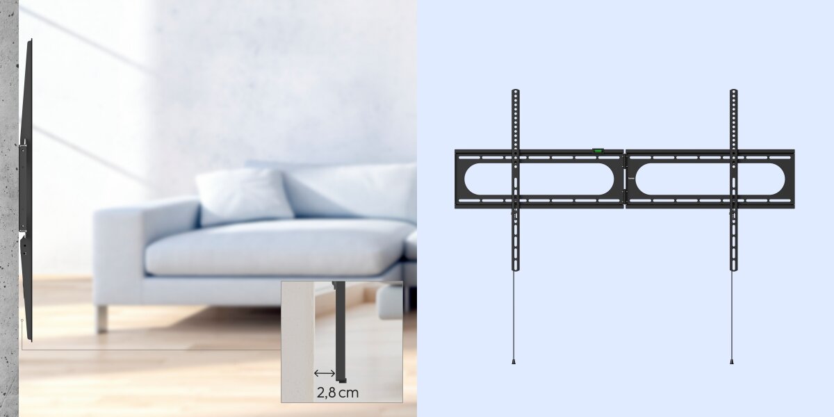 Z lewej strony profil telewizora wiszącego na uchwycie z widoczną minimalną odległością 2,8 cm od ściany. Z prawej schemat uchwytu Hama.