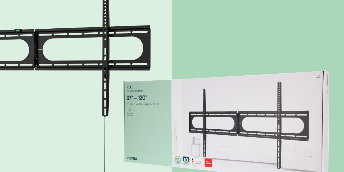 Z lewej strony detal uchwytu ściennego Hama, z prawej widok na opakowanie produktu, zawierające informacje o przekątnej (37