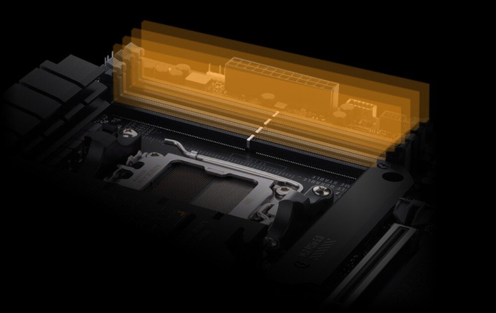 Płyta główna ASUS TUF Gaming B650-E WiFi widok slotów pamięci RAM z nałożoną przezroczystą pomarańczową warstwą podkreślającą ich pozycję