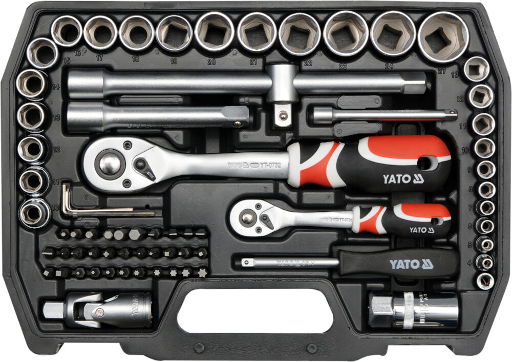 Zestaw kluczy YATO YT-38782 nasadki w rozmiarach od 4 do 24 mm nasadki do swiec system AS-Drive zwiekszenie maksymalnego momentu obrotowego o 25% ochrona obrzeza nakretek