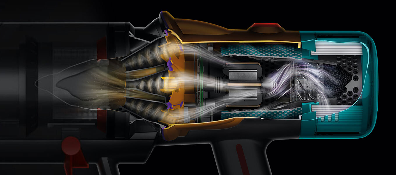 Zdjęcie przekroju silnika Dyson Hyperdymium zapewniającego wysoką moc ssania 