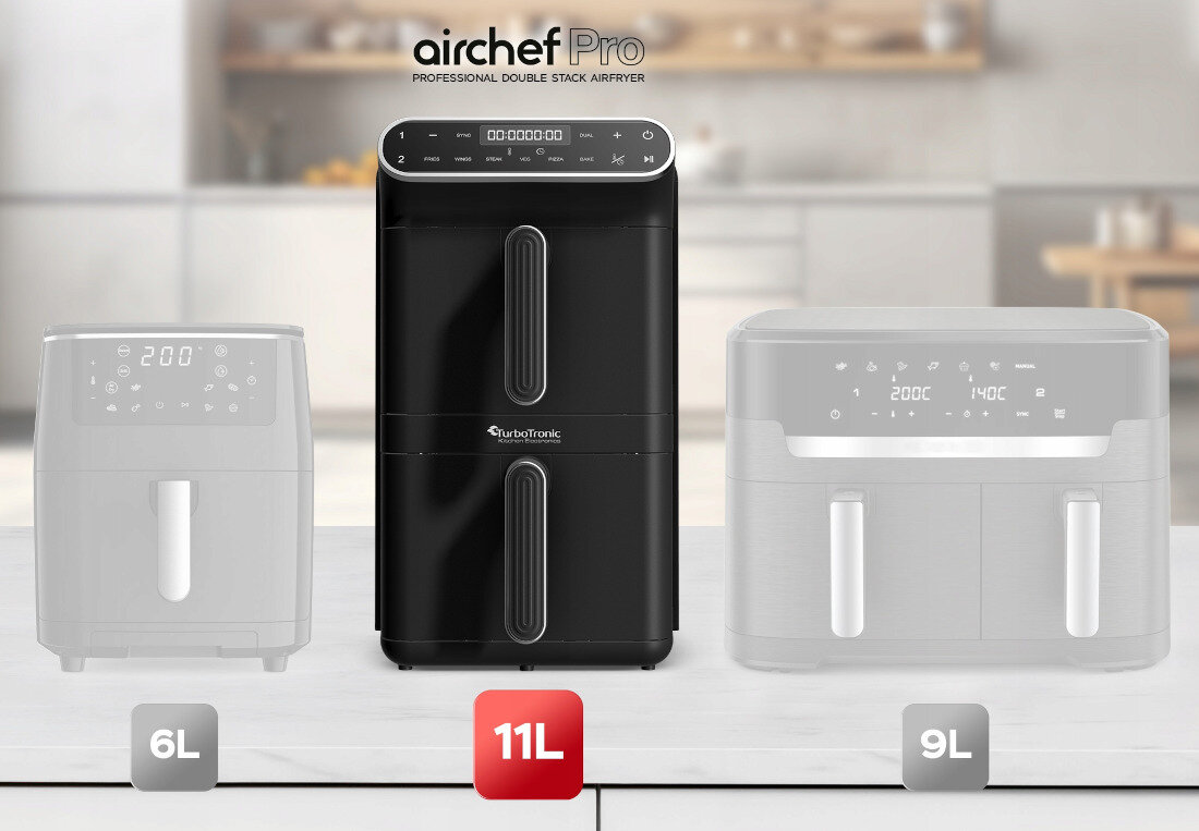 Air Fryer Frytkownica beztłuszczowa TURBOTRONIC TT-AF500D Czarny z podwójnym koszem Zdrowe gotowanie z wygodą wygląd design prezentacja wizualizacja