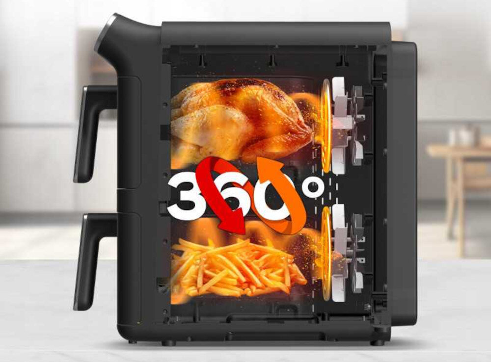 Air Fryer Frytkownica beztłuszczowa TURBOTRONIC TT-AF500D Czarny z podwójnym koszem Lekka wersja dań Technologia Rapid Air 360° gorące powietrze jedzenie chrupiące z zewnątrz i miękkie w środku Redukcja tłuszczu w zdrowej odsłonie