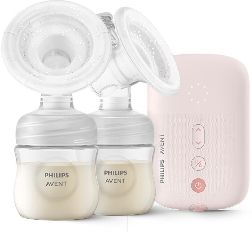 Na obrazie widoczny jest podwójny laktator z dwoma butelkami wypełnionymi mlekiem oraz urządzeniem sterującym. Na butelkach i urządzeniu znajduje się logo \'PHILIPS AVENT\'.