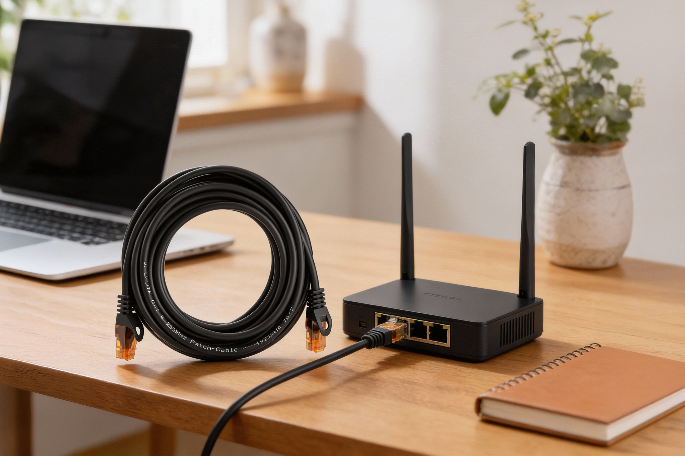 Na drewnianym stole znajduje się zwinięty czarny kabel RJ-45 podłączony do routera z dwoma antenami. W tle widać otwarty laptop, notatnik i roślinę w doniczce.