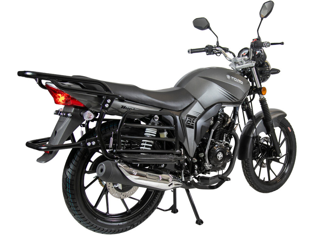 Motocykl TORQ Hunter 125 MC125-5 124.4cm3 11l Szary motocykl na białym tle widoczny od tyłu pod skosem podwójny amortyzator z przodu i z tyłu mniejsze zmęczenie podczas długich tras stabilność