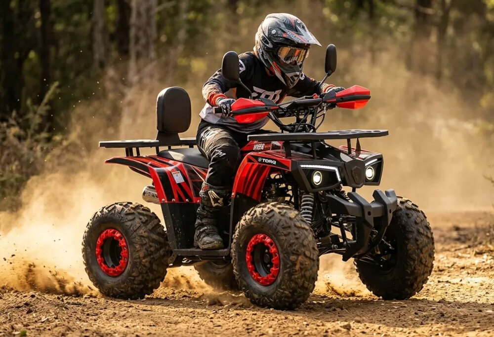 Quad TORQ Madox 125 1+1 MAD125RB-1 Czerwony teren osoba w kasku jedzie na quadzie rekreacyjna jazda wszechstronność