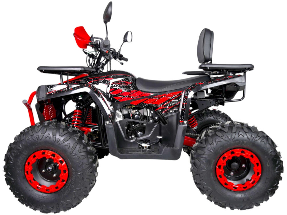 Quad TORQ Madox 125 1+1 MAD125RB-1 Czerwony quad na białym tle widoczny z boku Jednocylindrowy, 4-suwowy silnik o pojemności 125 cm³ rozwija moc do 8,16 KM silnik spalinowy