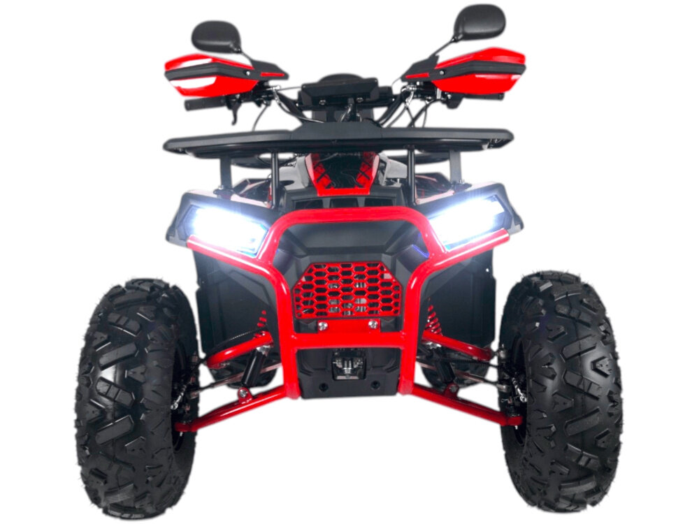 Quad TORQ Madox 125 1+1 MAD125RB-1 Czerwony quad na białym tle widoczny od przodu Dwubiegowa automatyczna skrzynia biegów dwa biegi – jeden do jazdy do przodu jeden bieg wsteczny