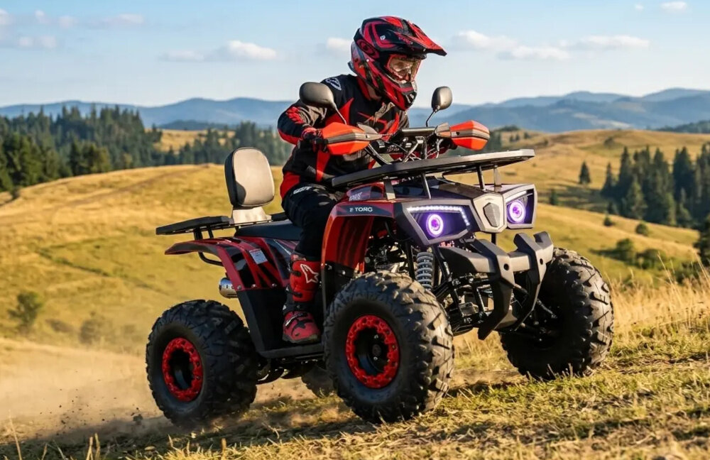 Quad TORQ Madox 125 1+1 MAD125RB-1 Czerwony teren osoba w kasku jedzie pod górkę na quadzie tarczowe hamulce z przodu, jak i z tyłu Dwustronny układ hamulcowy