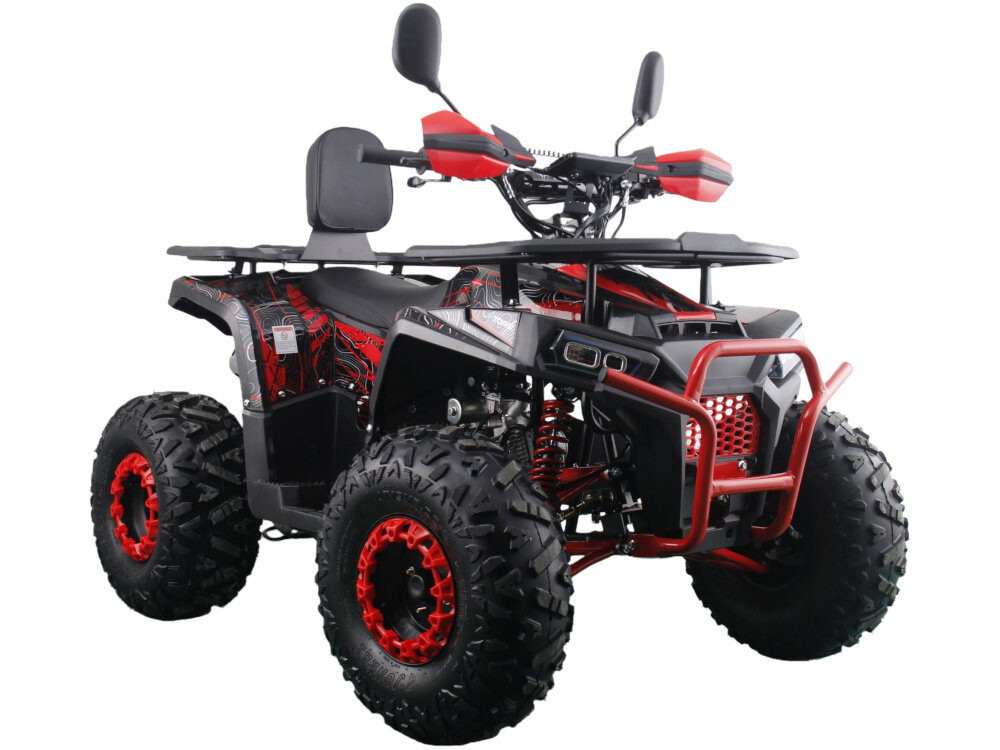 Quad TORQ Madox 125 1+1 MAD125RB-1 Czerwony quad na białym tle widoczny od przodu pod skosem Elektryczny rozruch Akumulator 12 V o pojemności 4 Ah quada TORQ Madox 125 3+1 VIP125RB-3