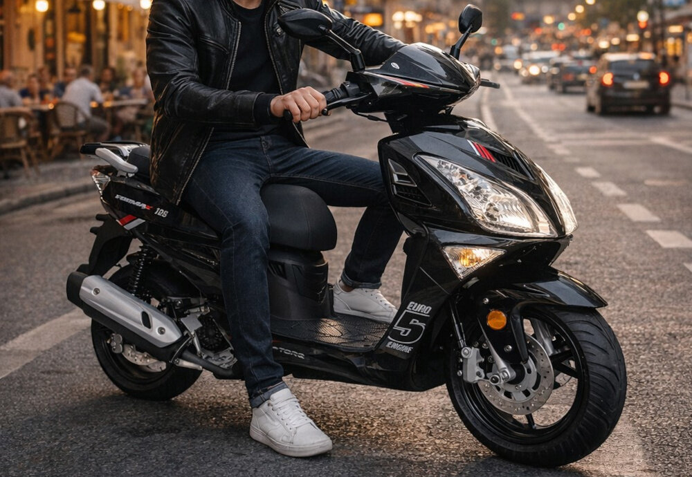 Motocykl ZNEN ZNAT125 (ZN125T-8F) Formax 125cm3 13 cali 5.5l Czarny osoba siedzi na motocyklu pośrodku ulicy środek codziennego transportu wygodny transport