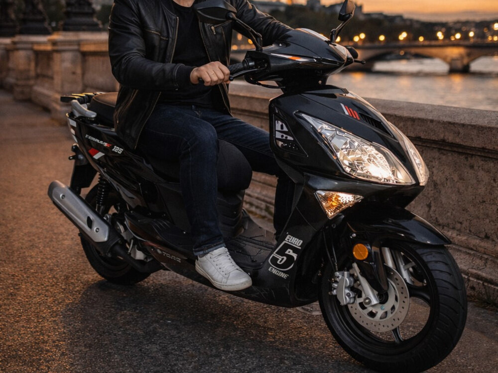 Motocykl ZNEN ZNAT125 (ZN125T-8F) Formax 125cm3 13 cali 5.5l Czarny osoba jedzie na motocyklu pośrodku ulicy Przekładnia bezstopniowa napędem pasowym do jazdy miejskiej Przeniesienie napędu za pomocą pasa