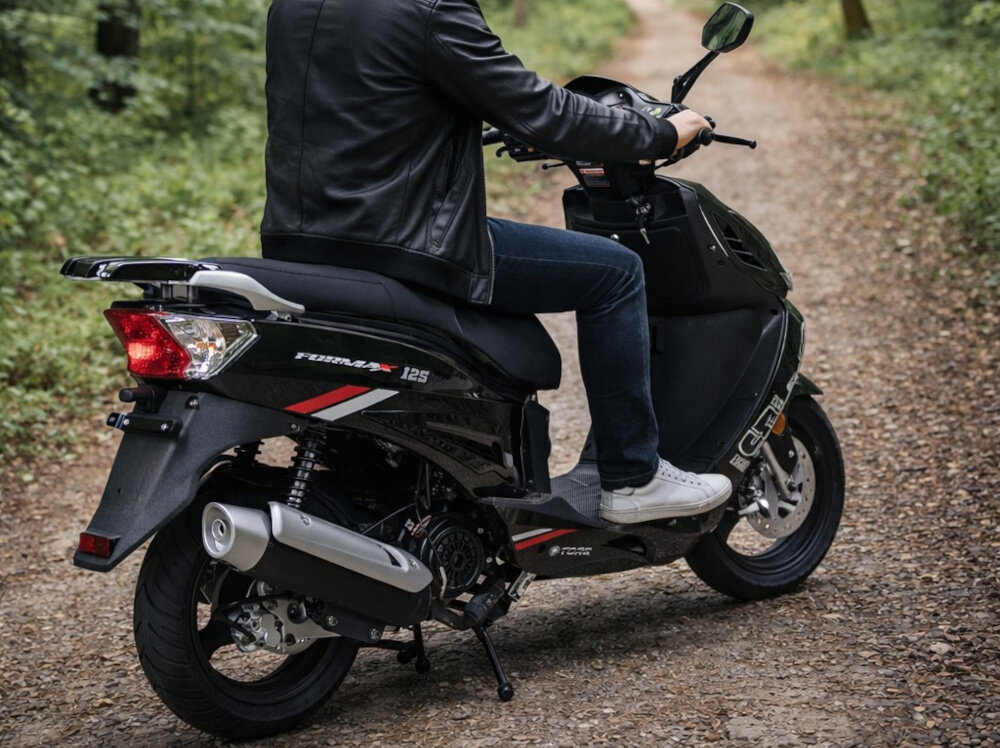 Motocykl ZNEN ZNAT125 (ZN125T-8F) Formax 125cm3 13 cali 5.5l Czarny osoba jedzie na motocyklu pośrodku ulicy Elektryczny rozruch ozruch nożny stanowi alternatywny sposób uruchamiania jednostki elastyczność