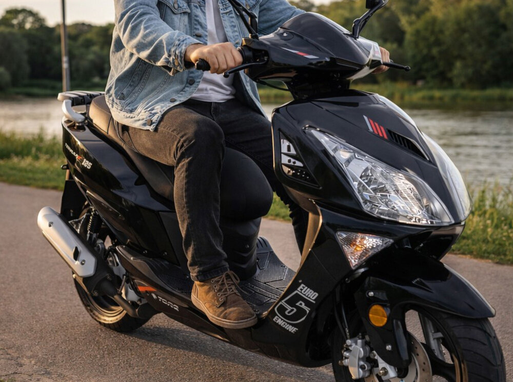 Motocykl ZNEN ZNAT125 (ZN125T-8F) Formax 125cm3 13 cali 5.5l Czarny osoba jedzie na motocyklu pośrodku ulicy Tarczowy hamulec przedni tarczowy hamulec tylny dwóch układów hamowania
