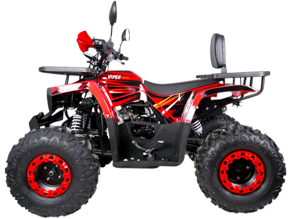 Quad TORQ Viper 125 3+1 VIP125RB-3 Czerwony quad na białym tle widoczny z boku Jednocylindrowy, 4-suwowy silnik o pojemności 125 cm³ rozwija moc do 8,16 KM silnik spalinowy
