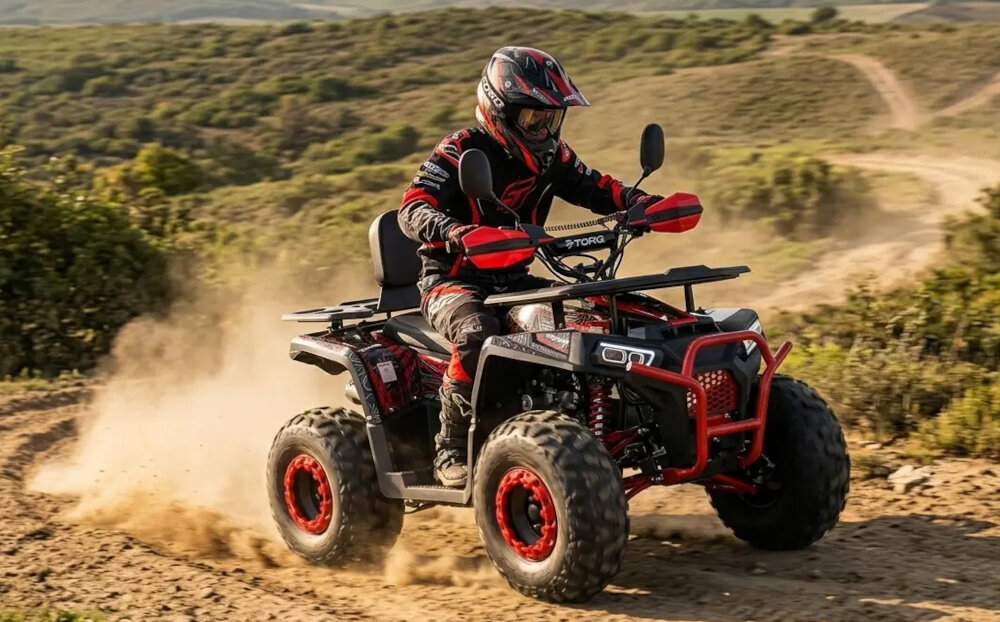 Quad TORQ Viper 125 3+1 VIP125RB-3 Czerwony teren osoba w kasku jedzie pod górkę na quadzie tarczowe hamulce z przodu, jak i z tyłu Dwustronny układ hamulcowy