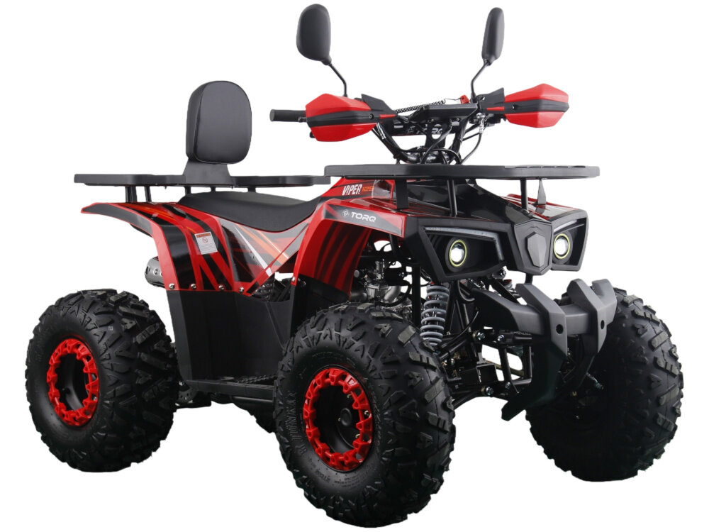 Quad TORQ Viper 125 3+1 VIP125RB-3 Czerwony quad na białym tle widoczny od przodu pod skosem Elektryczny rozruch Akumulator 12 V o pojemności 4 Ah quada TORQ Viper 125 3+1 VIP125RB-3