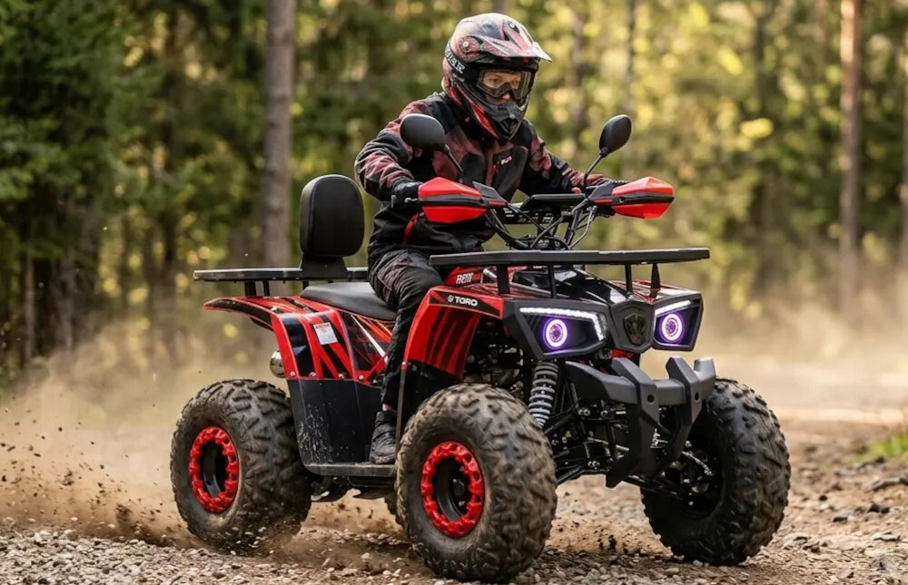 Quad TORQ Viper 125 1+1 VIP125RB-1 Czerwony teren osoba w kasku jedzie na quadzie rekreacyjna jazda wszechstronność