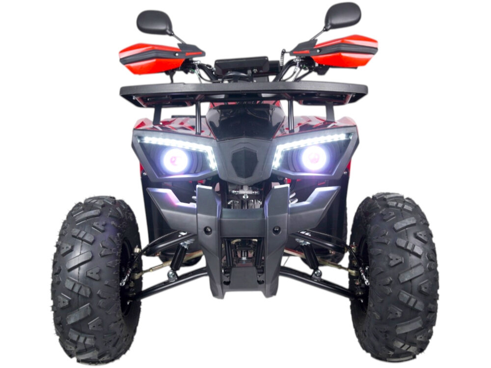 Quad TORQ Viper 125 1+1 VIP125RB-1 Czerwony quad na białym tle widoczny od przodu Dwubiegowa automatyczna skrzynia biegów dwa biegi – jeden do jazdy do przodu jeden bieg wsteczny