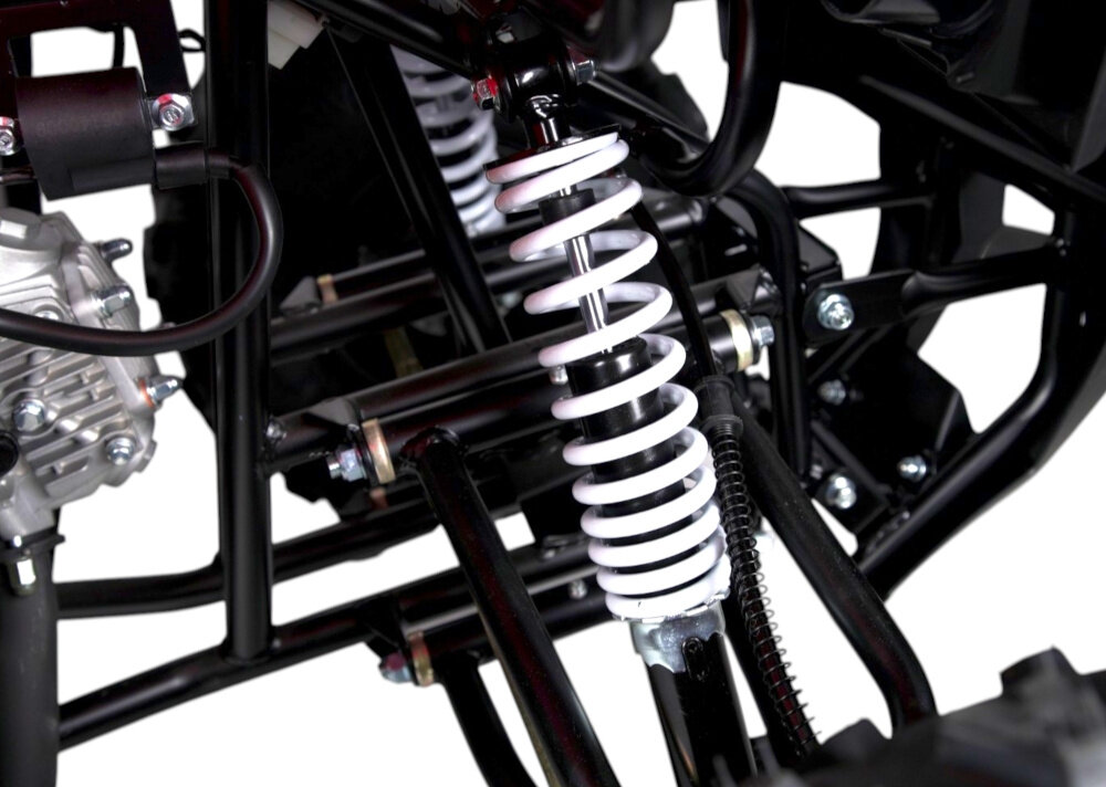 Quad TORQ Viper 125 1+1 VIP125RB-1 Czerwony zbliżenie na amortyzator Przednie niezależne zawieszenie wahaczowe z amortyzatorami tylny centralny amortyzator z regulacją ograniczać odczuwanie nierówności stabilniejsze zachowanie pojazdu Regulacja tylnego amortyzatora